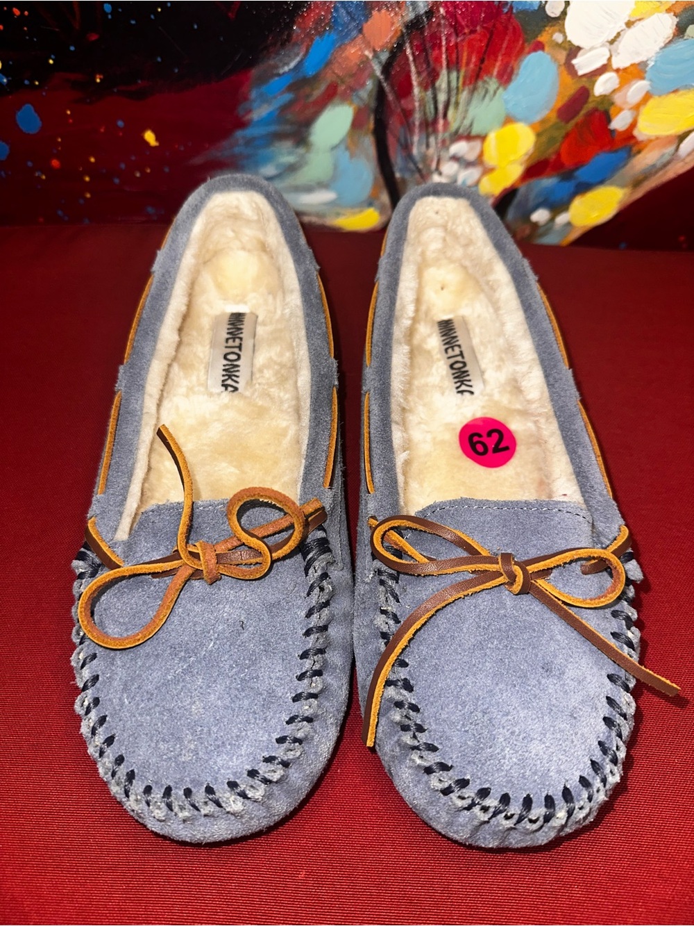 No.62 Minnetonka Women's Light Blue Suede Shearling Moccasins with Tan Laces